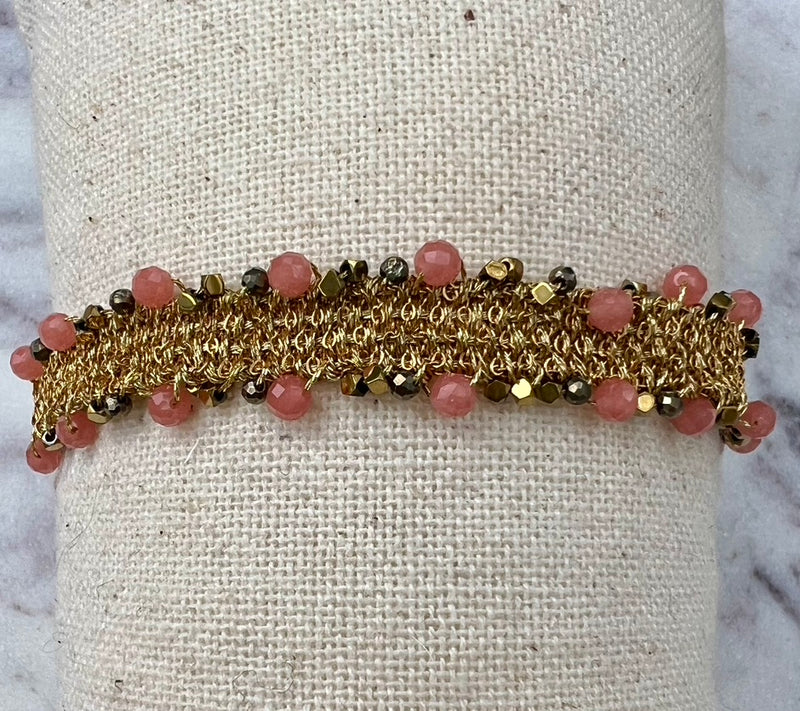 Pink Stone Crochet & Gold Bracelet