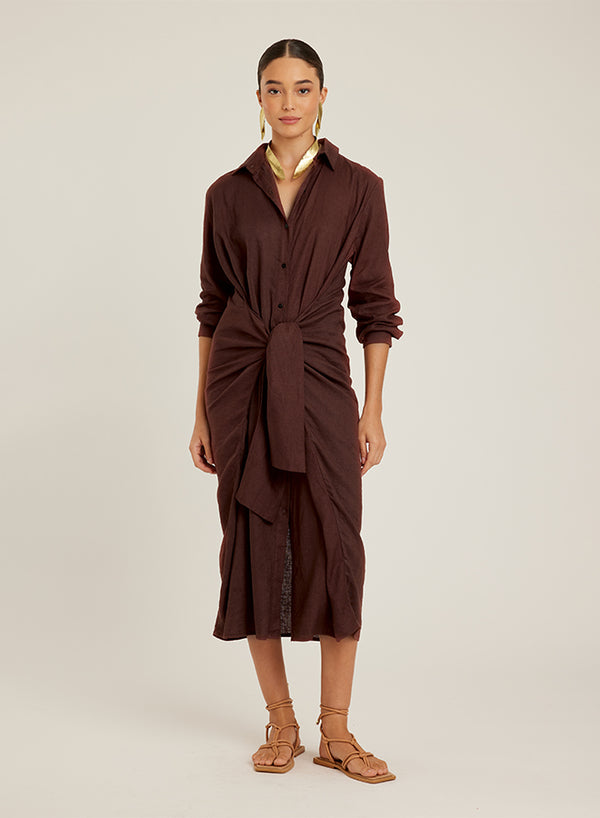 Button Down Linen Dress with tie