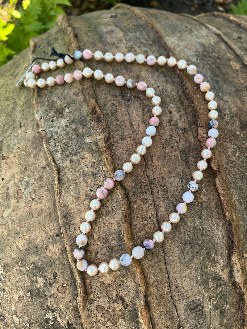 Hand Knotted Pink Opal w/ Mother of Pearl Necklace