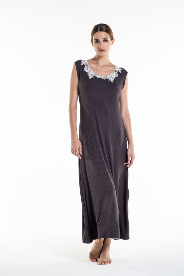 Bamboo Rib Night Gown Anthrocite With Lace