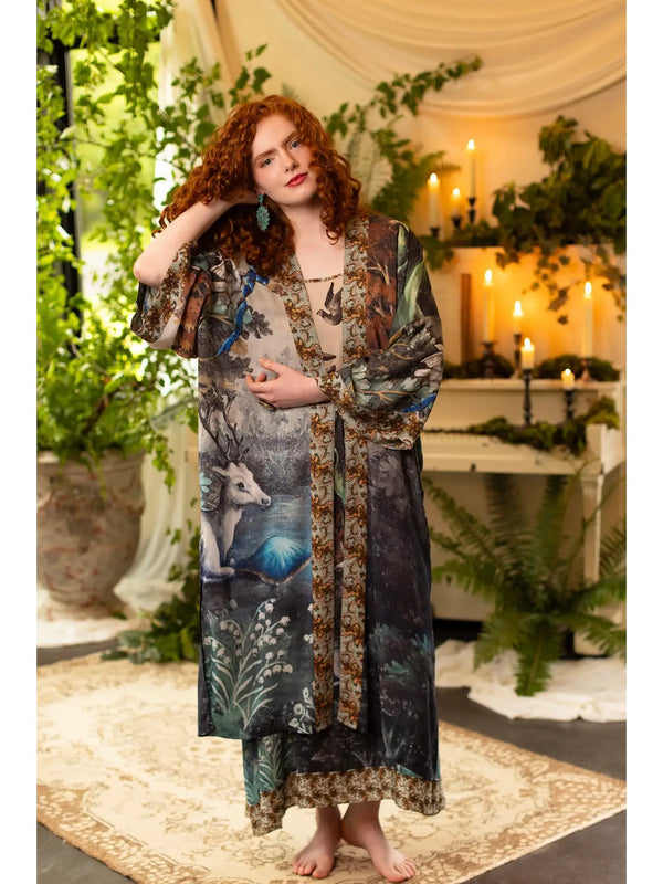 Theatre of Dreams Long Duster Bamboo Kimono Robe with Deer