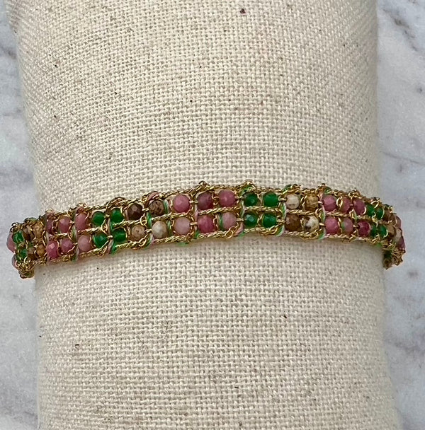 Pink & Green Stone Crochet Bracelet