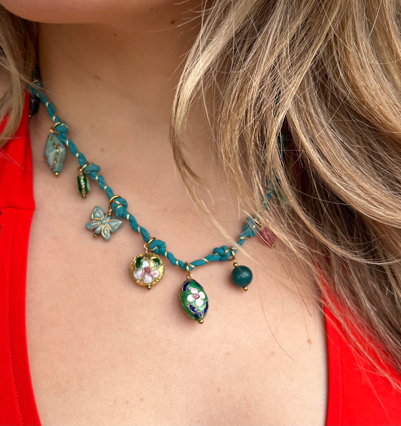 Cloisonné Charm Necklace on Silk