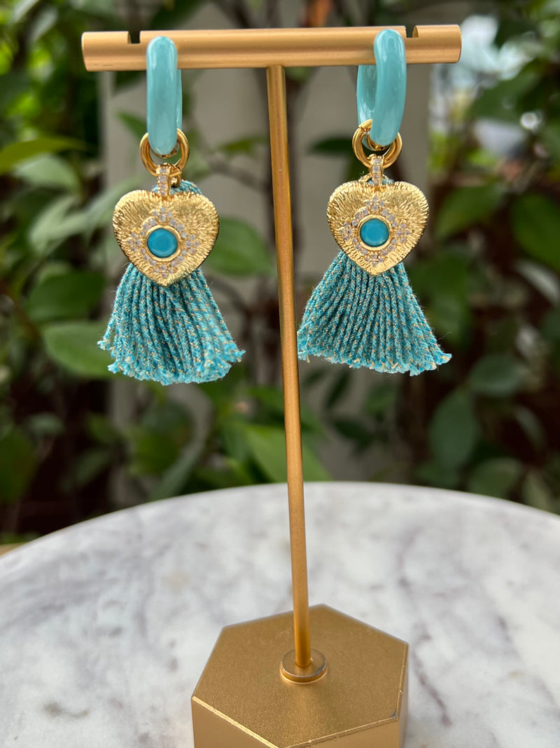 Blue Tassel & Heart Charm Earring