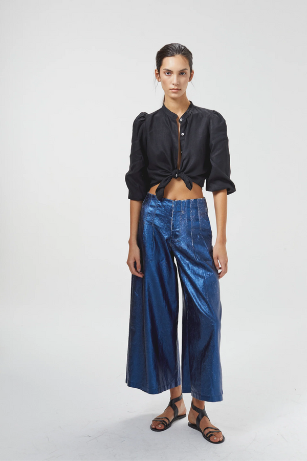Culotte Metallic Linen Pants - Dark Blue