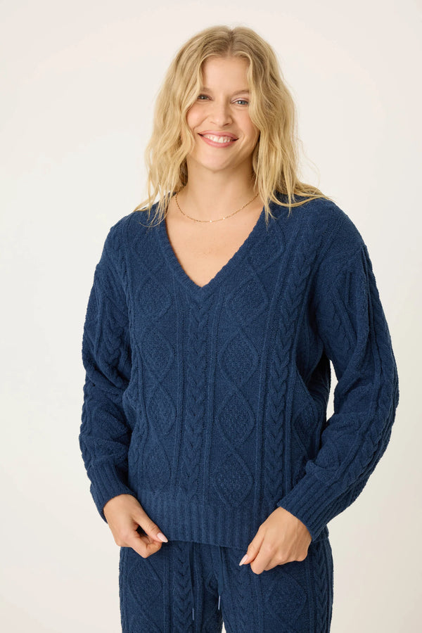 Chenille Cozy Cable Lounge V-Neck Sweater