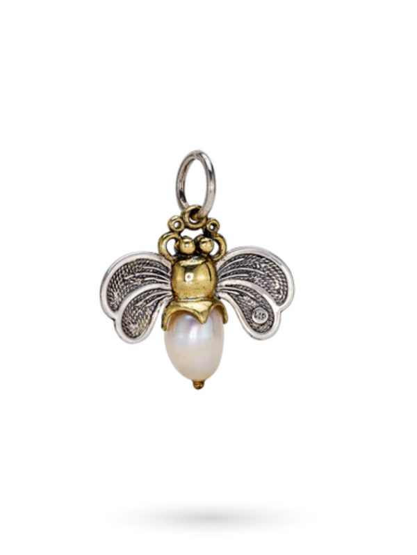 Bee Brave Honeypearl Charm-SS/Brass/Pearl