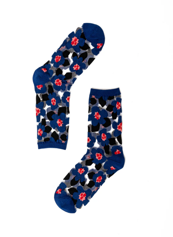 Bold Blue Floral Sheer Crew Socks