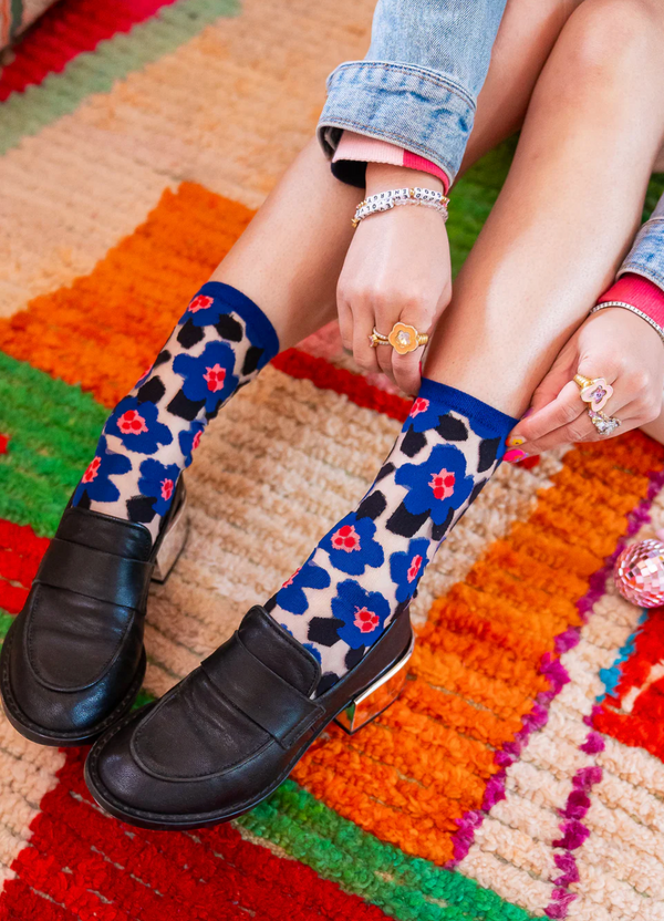 Bold Blue Floral Sheer Crew Socks