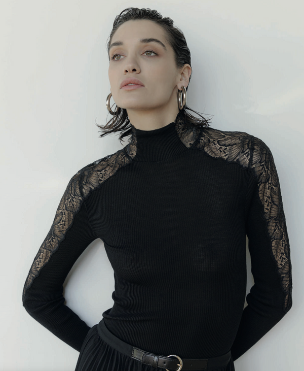Balza Leavers Lace mock neck Long Sleeve Top