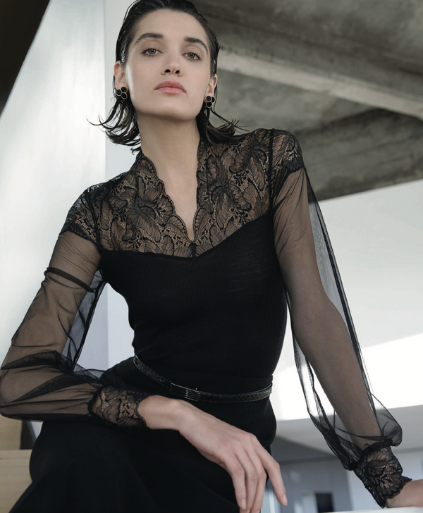 Balza Leavers Lace Sheer Sleeve Top