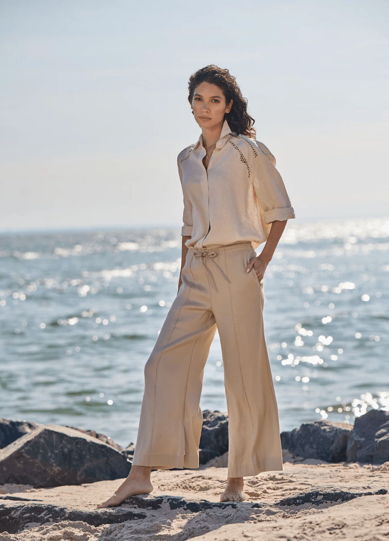 Nixie Drawstring Linen Wide Leg Pant (27" Inseam)