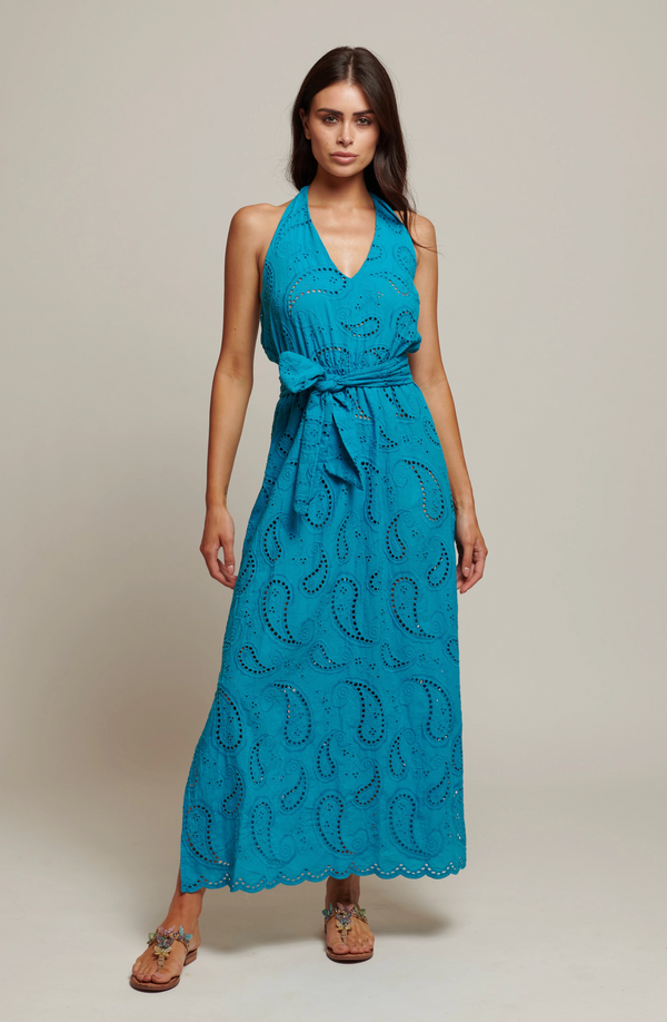 Cotton Eyelete Halter Dress Turquoise