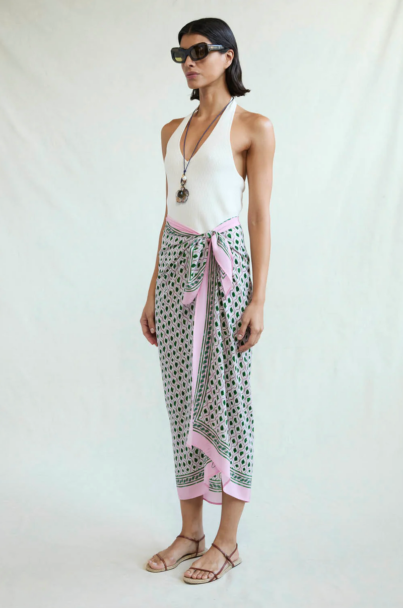 Watercolor Tile Print Silk Sarong Green