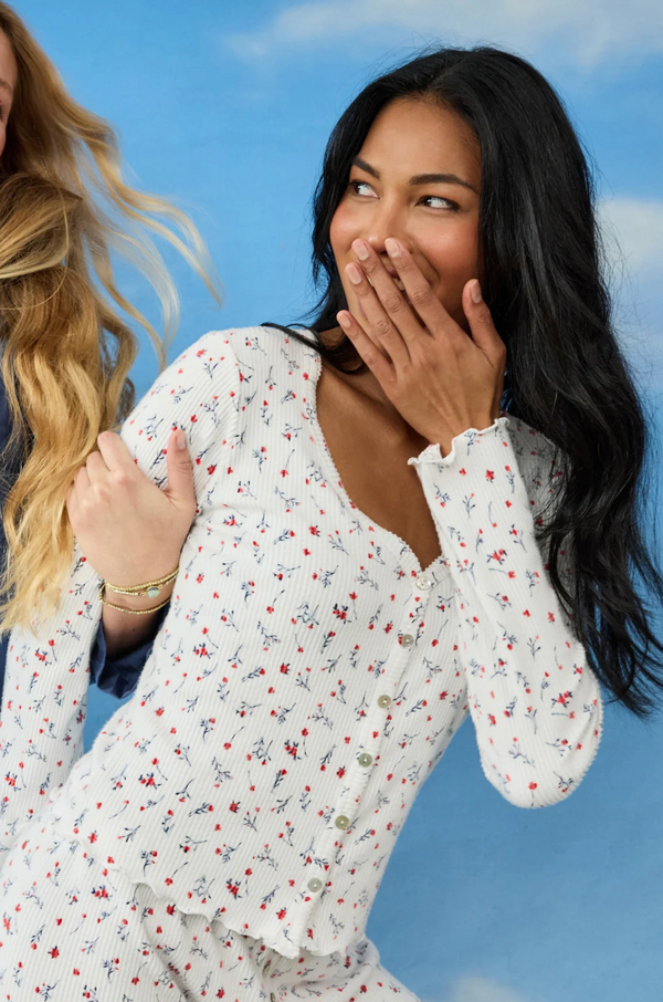 La Rose Ribbed Floral Print Cardigan