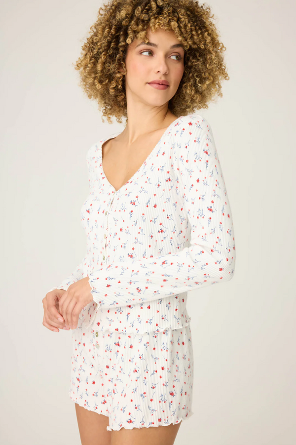 La Rose Ribbed Floral Print Cardigan