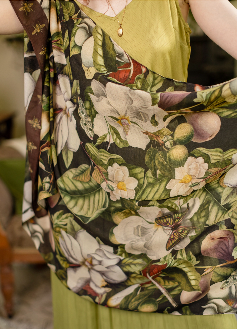 Fleur De Lune Scarf w/ Floral Print & Bees