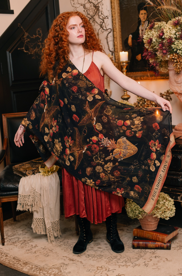 Heart of Gold Scarf with Swallows & Sacred Heart