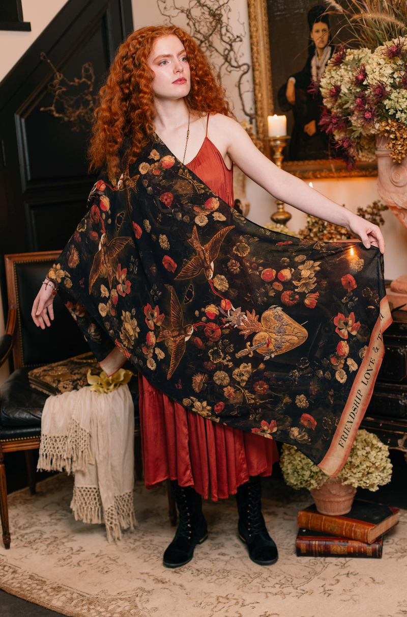 Heart of Gold Scarf with Swallows & Sacred Heart